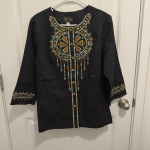 Bob Mackie Women's Unique Tunic Button Up Blouse Black Colorful Embroidered Sz L
